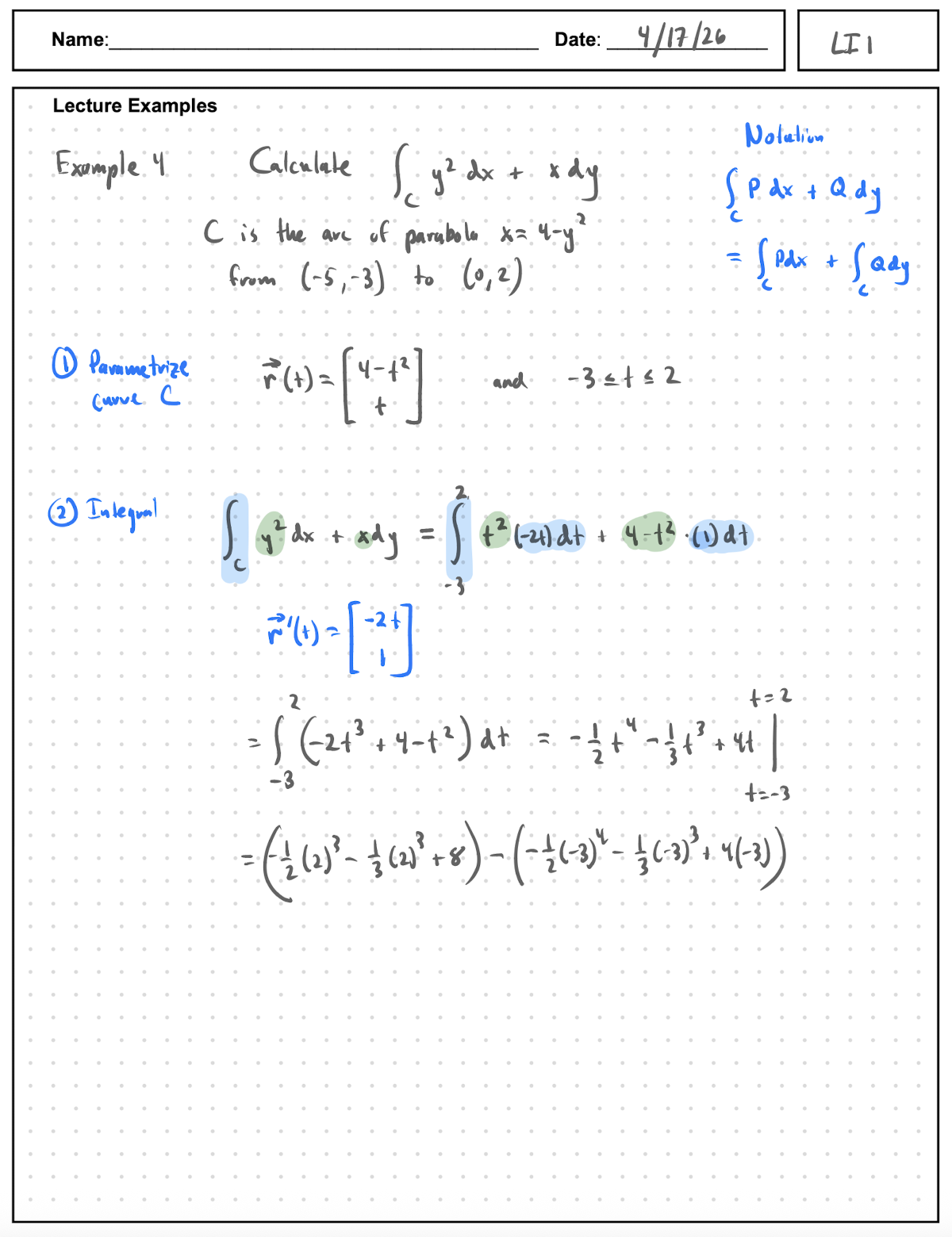 Li1 LI1 Line Integrals - Scalar - MTH 241 Spring 2026
